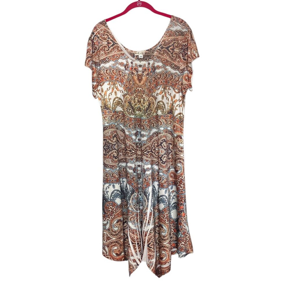 World Unity XL Brown Orange Boho Print Asymmetrical Hem Sublimation A-Line Dress